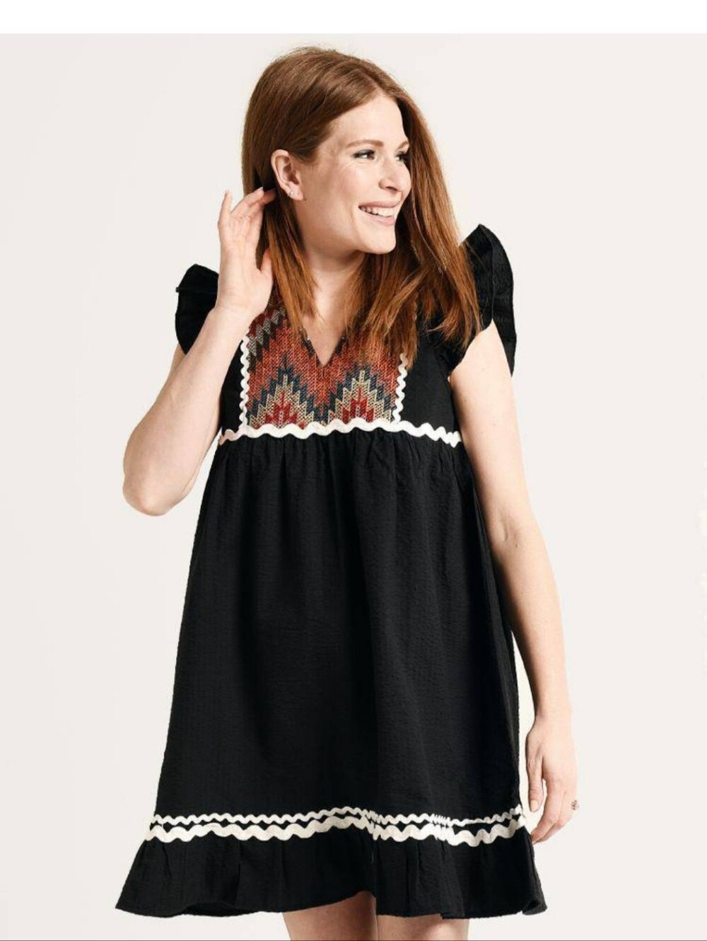 THML Black Mini Dress with Multicolor Chevron Yoke and Cream Trim
